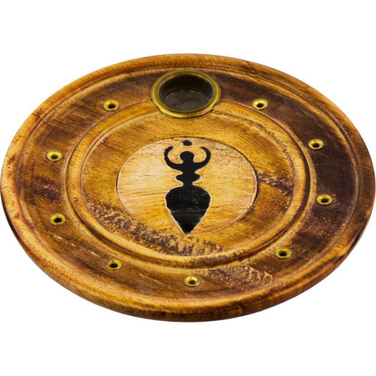 4" Goddess Round Wood Incense Holder for Cone and Stick Incense
