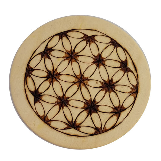 4" Crystal Grid Seed of Life Shaded Handburned Birch Wood Altar Tile