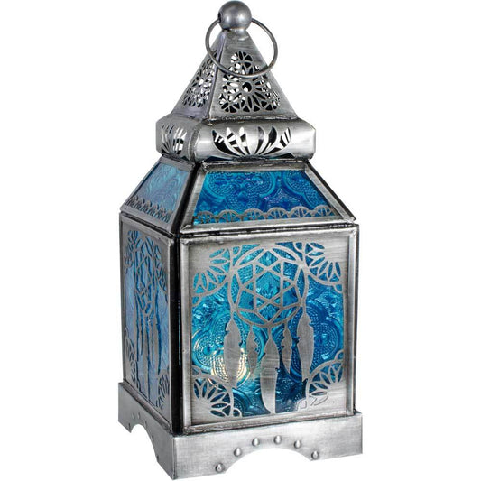 Dream Catcher Tea Light Lantern Made of Teal Glass & Metal