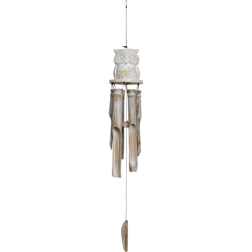 Bamboo Windchime White Washed Owl